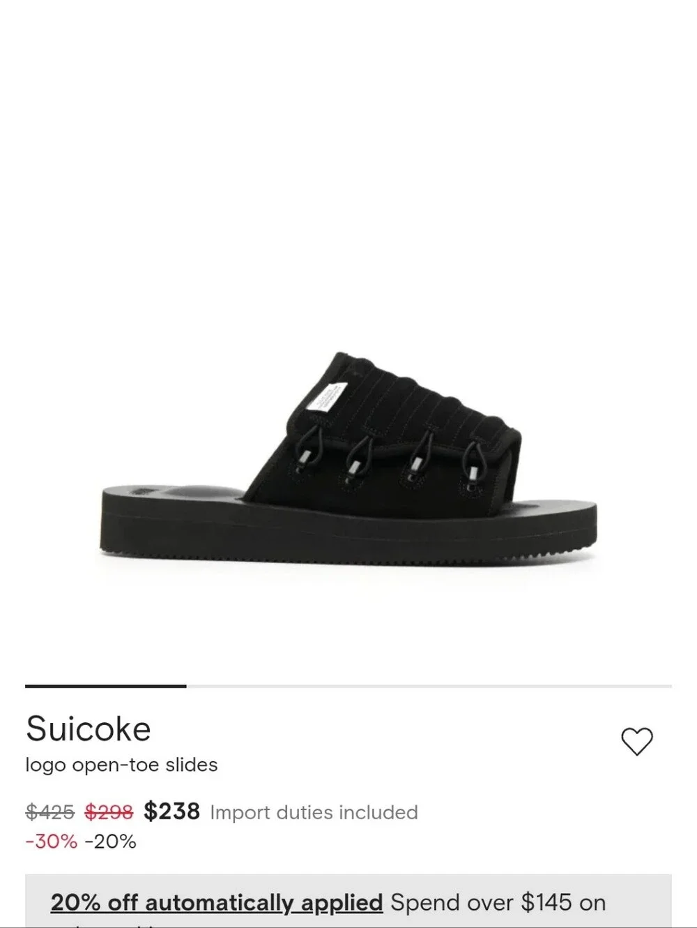 Suicoke Black Quilted Slide Sandals